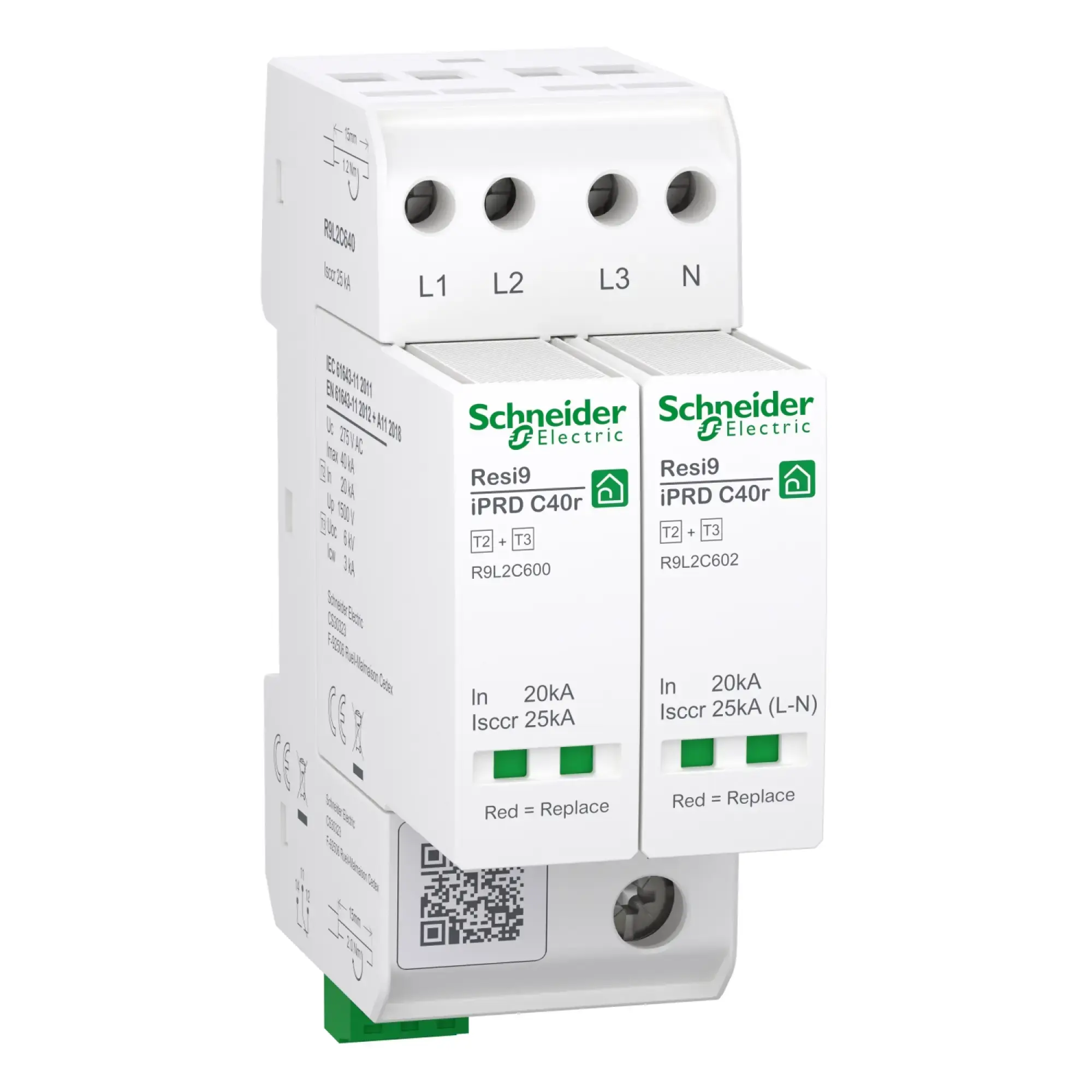 Schneider Electric R9L2C640 Surge protection device, Resi9 iPRD C40r, Type 2+3, pluggable protection modules, 3P+N, 40kA, compact 2TE, FM contact (img_002)