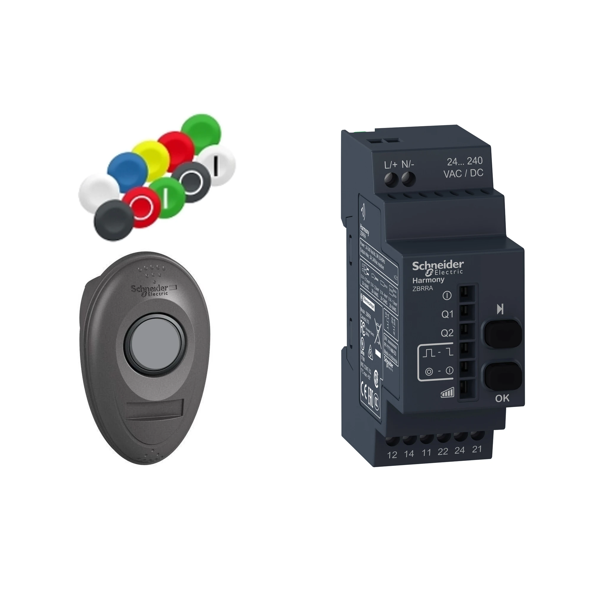 Schneider Electric XB5RMA04 Combo pack, wireless push-button, housing, receiver, programmable, plastic, Ø22mm, 24-240V AC/DC, 10 colored cap set (img_001) Schneider Electric XB5RMA04 Combo pack, wireless push-button, housing, receiver, programmable, plastic, Ø22mm, 24-240V AC/DC, 10 colored cap set (img_001)