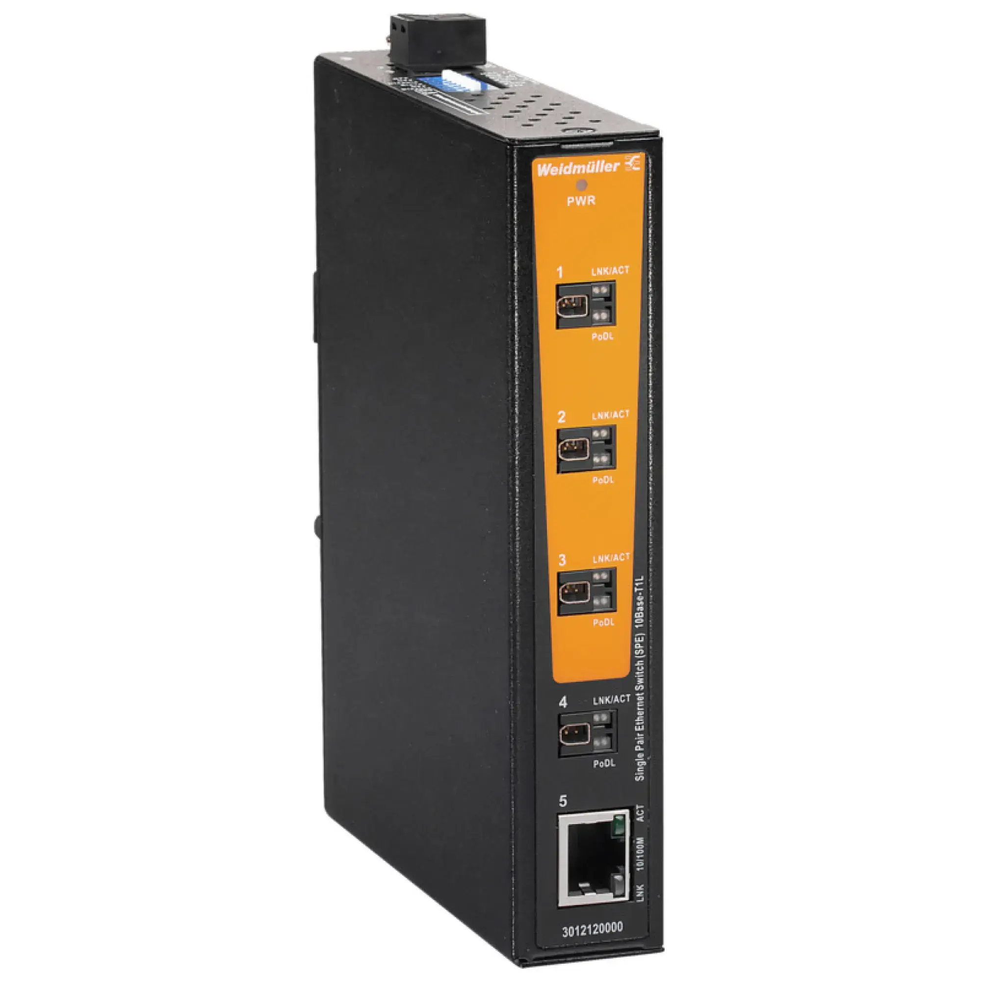 Weidmüller 3012120000 Network switch (unmanaged), unmanaged, Fast Ethernet, 10BaseT1L, Number of ports: 1x RJ45, 4x SPE port acc. to IEC 63171-2, -40 °C...70 °C, IP30 (img_001) Weidmüller 3012120000 Network switch (unmanaged), unmanaged, Fast Ethernet, 10BaseT1L, Number of ports: 1x RJ45, 4x SPE port acc. to IEC 63171-2, -40 °C...70 °C, IP30 (img_001)