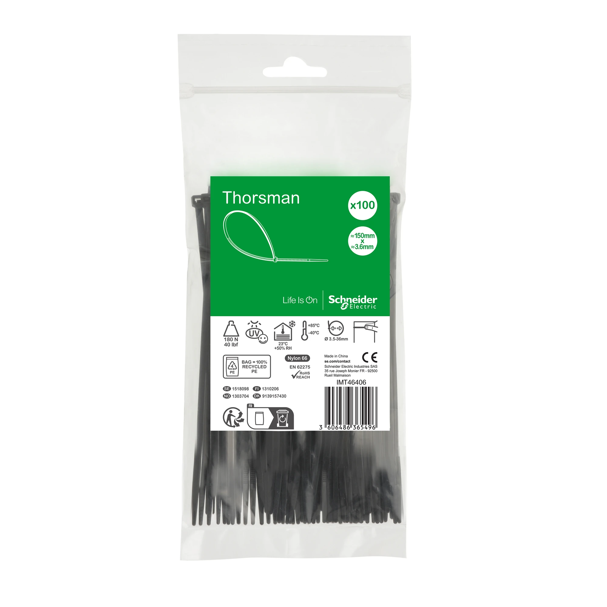 Schneider Electric IMT46406 Thorsman cable ties, Dimensions: 150X3.6 mm, pack of 100 pieces color black (img_001) Schneider Electric IMT46406 Thorsman cable ties, Dimensions: 150X3.6 mm, pack of 100 pieces color black (img_001)