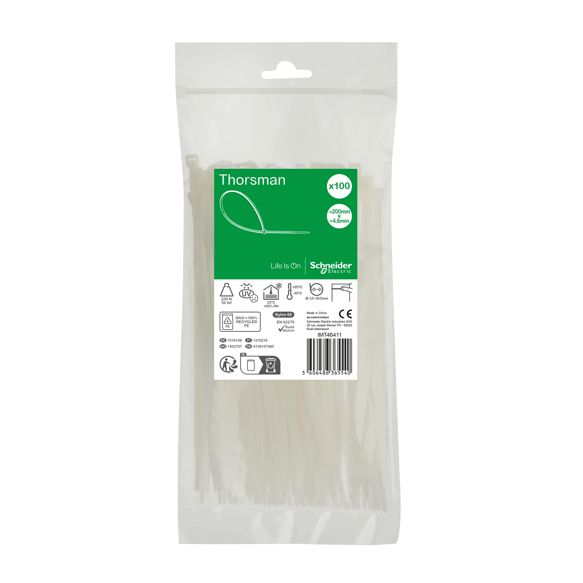 Schneider Electric IMT46411 Thorsman cable tie, dimensions: 200X4.8 mm, pack of 100 pieces color: clear (img_001) Schneider Electric IMT46411 Thorsman cable tie, dimensions: 200X4.8 mm, pack of 100 pieces color: clear (img_001)