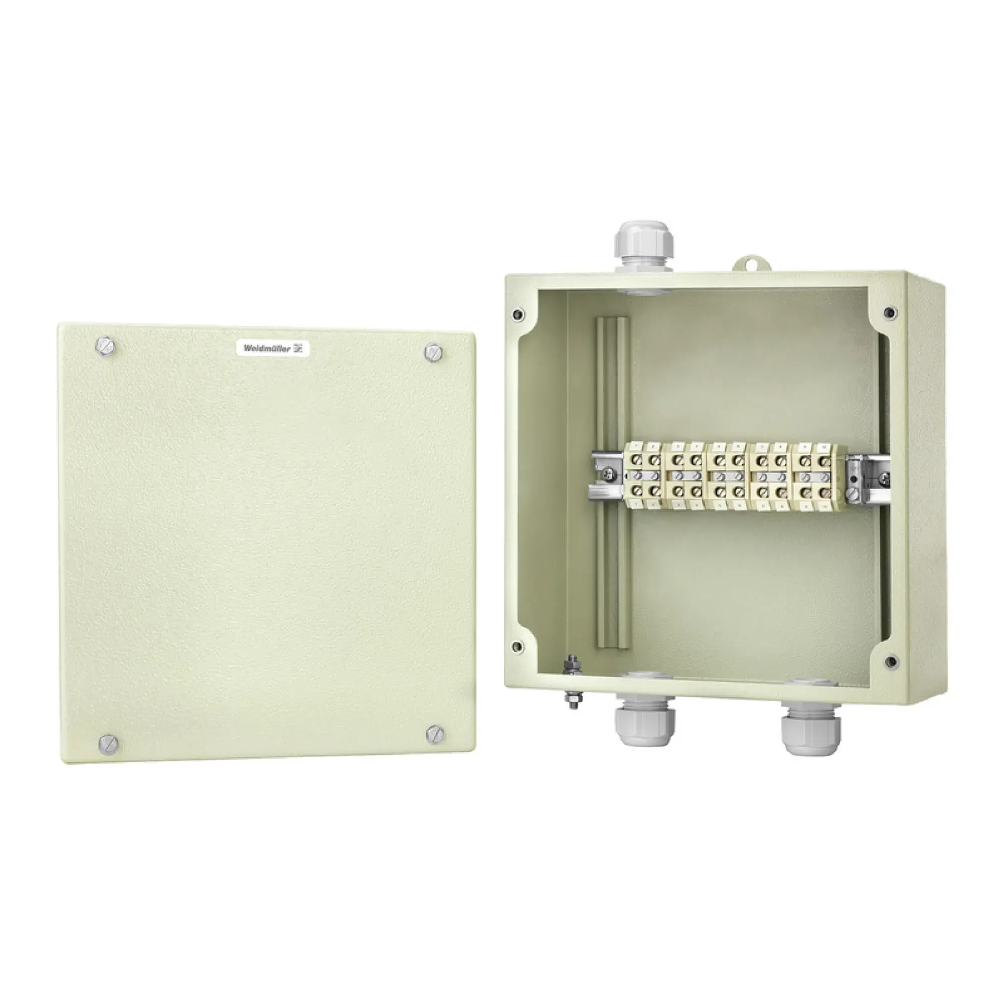 Weidmüller 8000054772 Ex metal housing, 250 x 250 x 120 mm, Powder-coated, Flange plate: No, M5 hexagonal screw with slot and 10mm distance across flats (img_001)