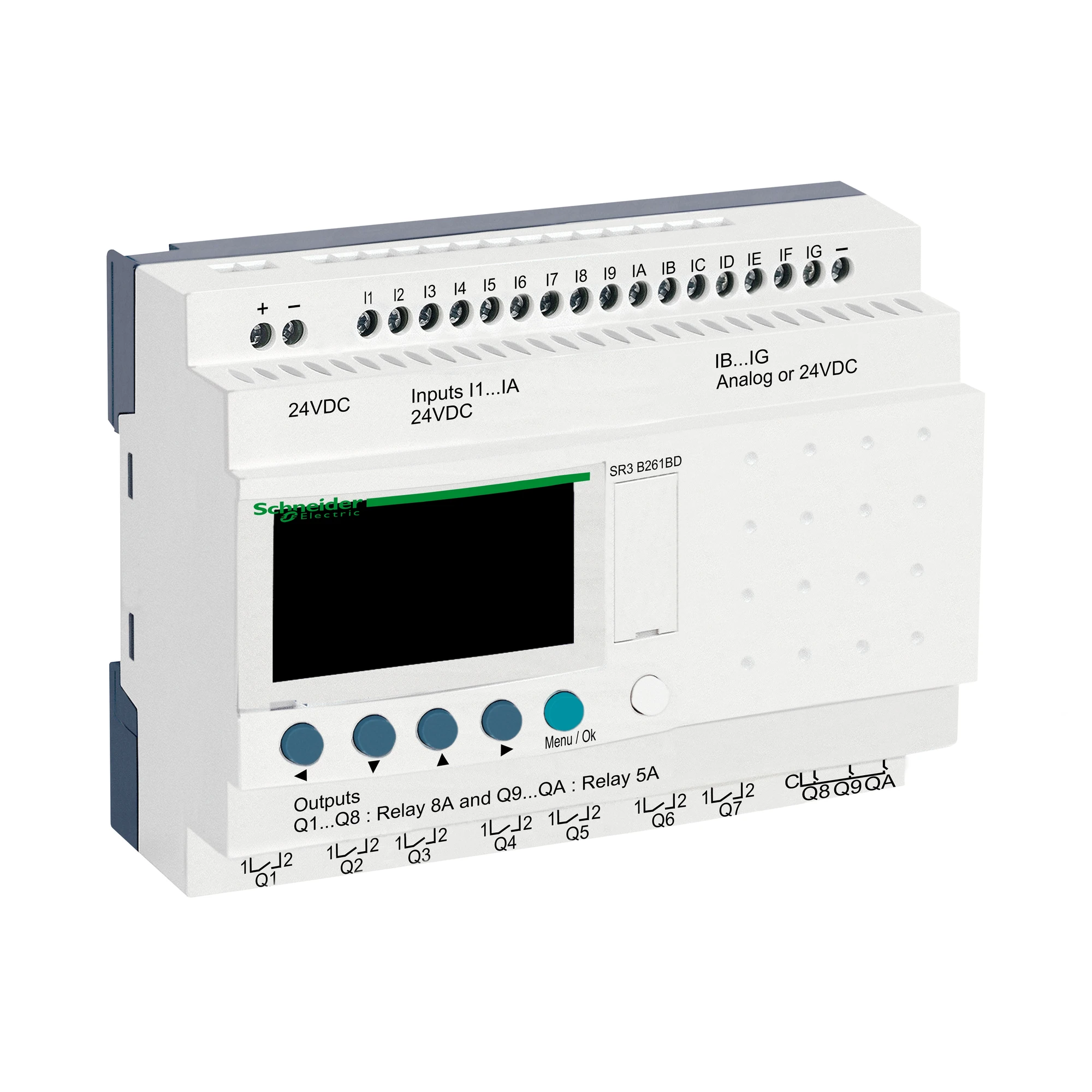 Schneider Electric SR3B261BD PLC control relay, Zelio Logic, modular design, 26 I/O, 24 VDC, display, clock, relay outputs (img_001) Schneider Electric SR3B261BD PLC control relay, Zelio Logic, modular design, 26 I/O, 24 VDC, display, clock, relay outputs (img_001)