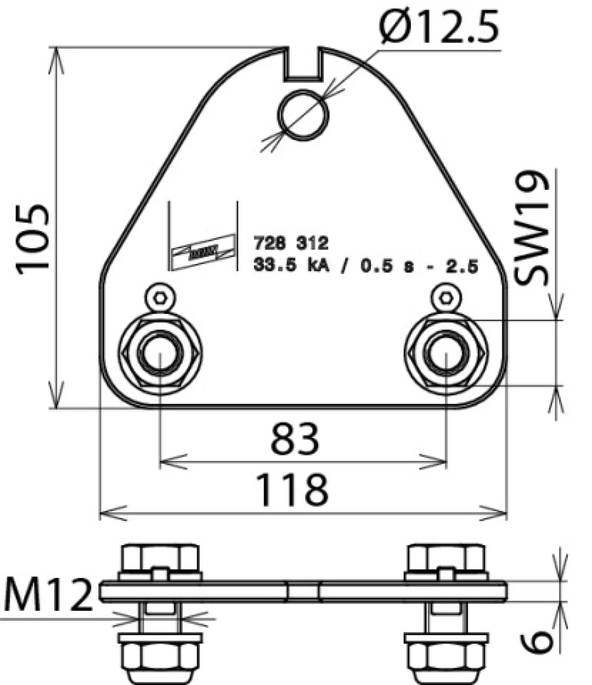Dehn 728312 2-pole phase connecting plate with hole 13mm and 2 M12 screws with nuts (img_002) Dehn 728312 2-pole phase connecting plate with hole 13mm and 2 M12 screws with nuts (img_002)