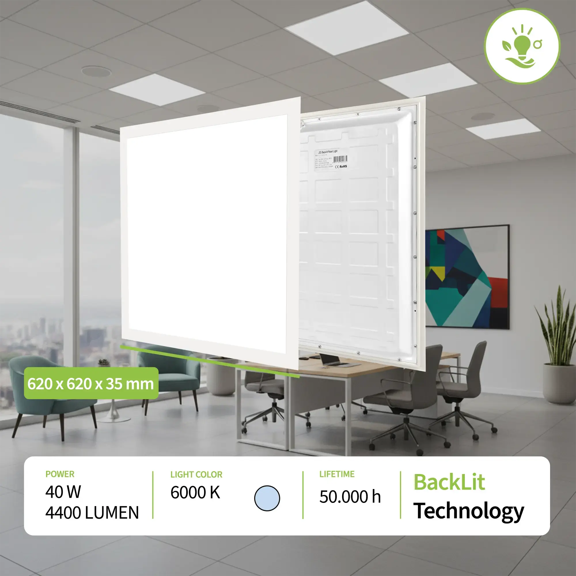 WSU Lights WS000001519-2 2-pack LED Panel, 62x62, cool white 6000K, 40W, 4400lm, UGR