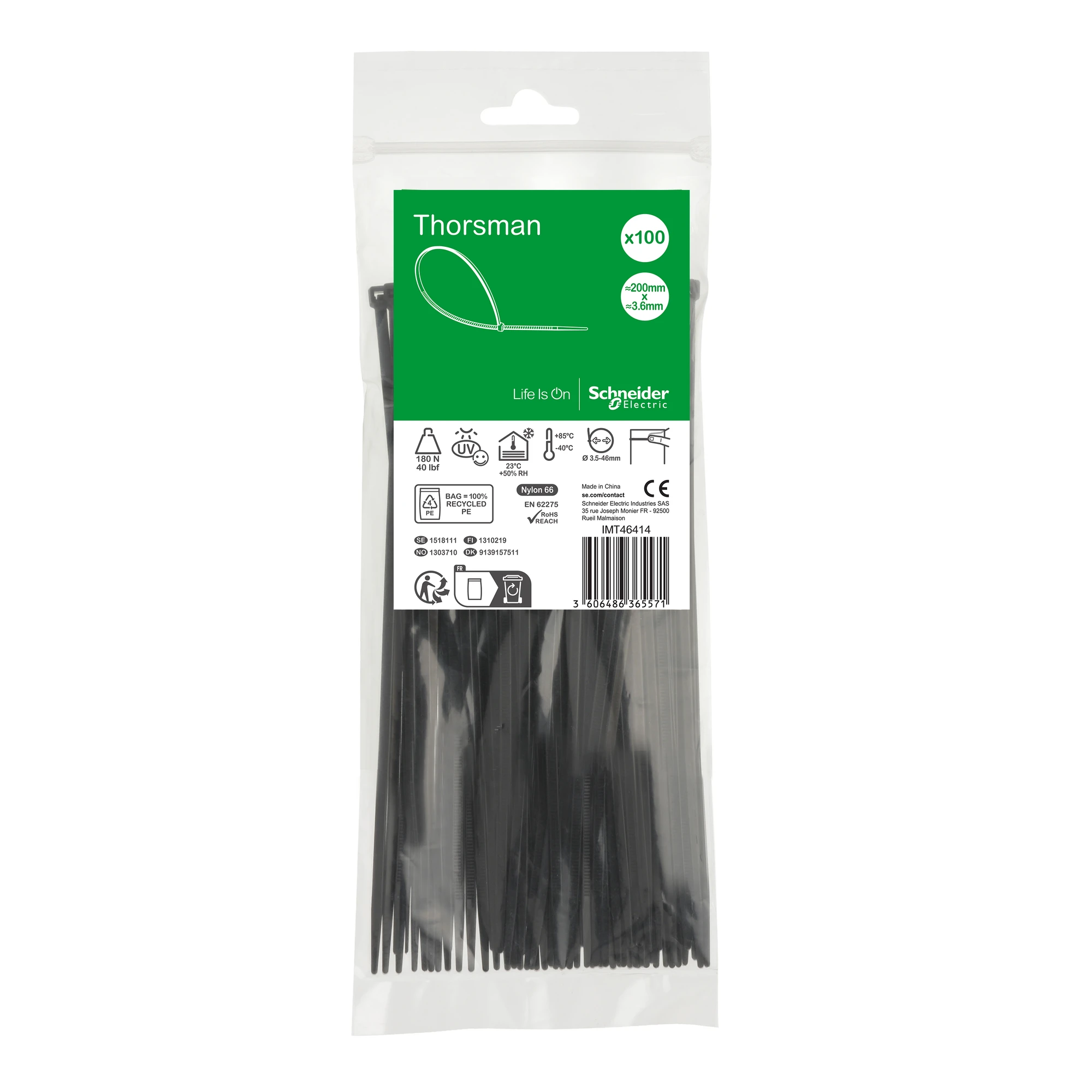 Schneider Electric IMT46414 Thorsman cable tie, dimensions: 200x3.6 mm, packaging unit=100 pcs color black (img_001) Schneider Electric IMT46414 Thorsman cable tie, dimensions: 200x3.6 mm, packaging unit=100 pcs color black (img_001)