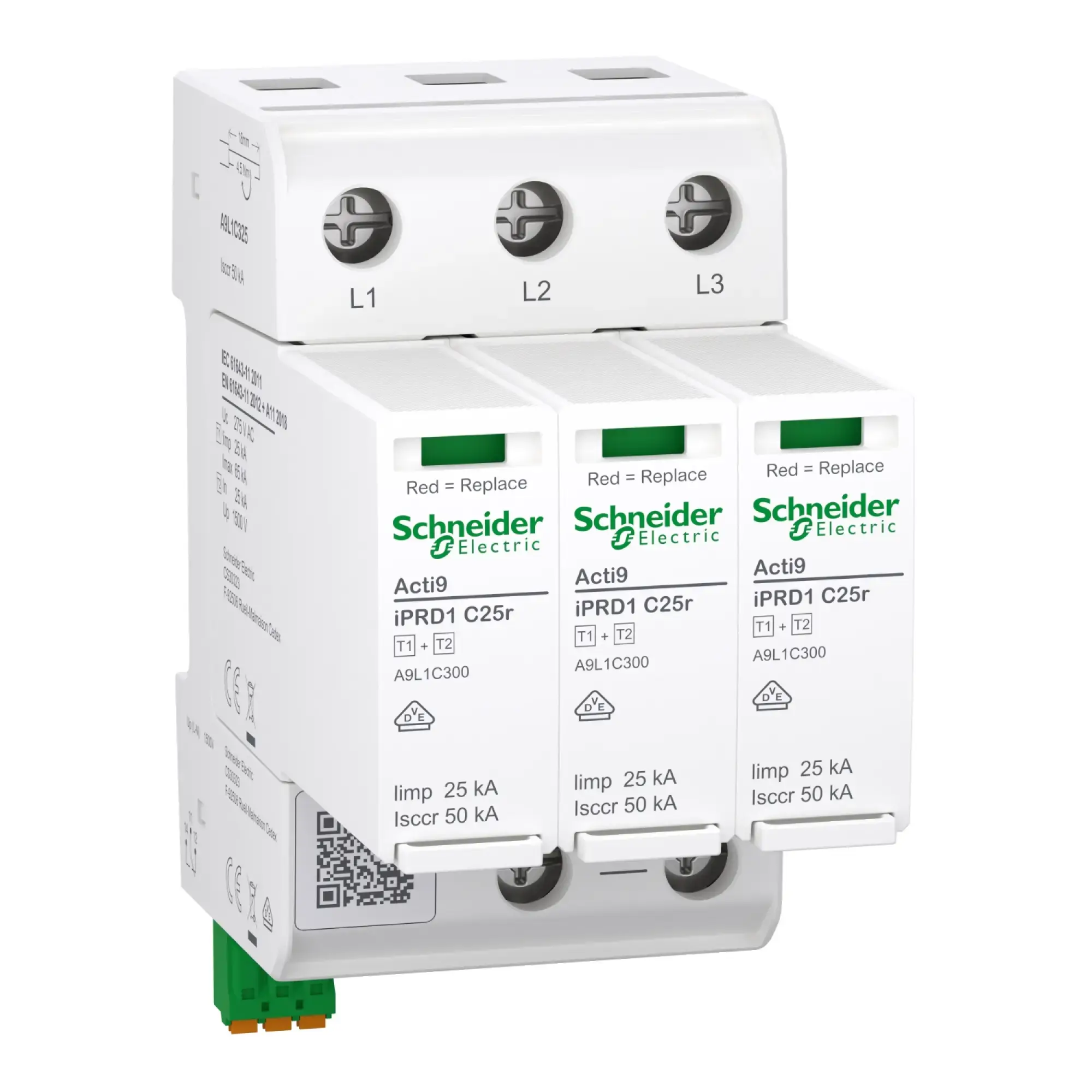 Schneider Electric A9L1C325 Combination Lightning Current Arrester, Acti9 iPRD1 C25r, Type 1+2, Plug-in Protection Modules, 3P, Iimp 25kA, Compact 3TE, Fault Contact (img_002) Schneider Electric A9L1C325 Combination Lightning Current Arrester, Acti9 iPRD1 C25r, Type 1+2, Plug-in Protection Modules, 3P, Iimp 25kA, Compact 3TE, Fault Contact (img_002)