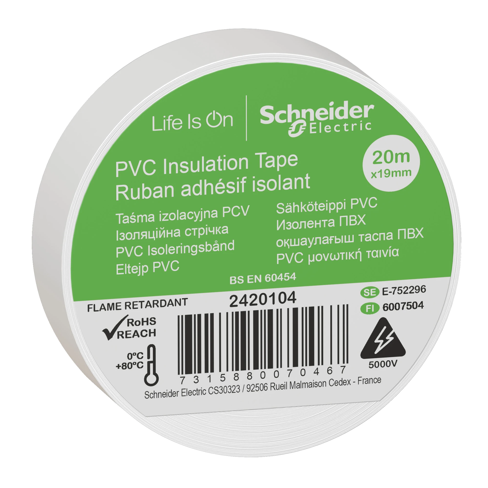 Schneider Electric 2420104 PVC Insulating Tape W=19mm, Length: 20m, Color: white, (PU=8 Rolls) (img_001) Schneider Electric 2420104 PVC Insulating Tape W=19mm, Length: 20m, Color: white, (PU=8 Rolls) (img_001)