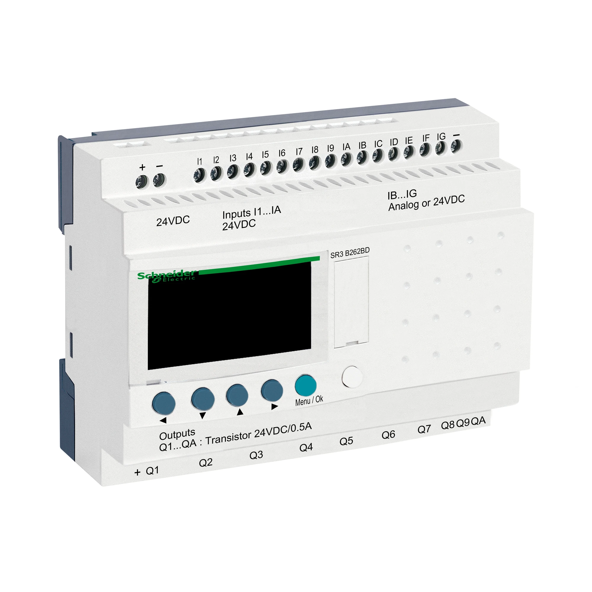 Schneider Electric SR3B262BD PLC control relay, Zelio Logic, modular design, 26 I/O, 24 VDC, display, clock, transistor outputs (img_001) Schneider Electric SR3B262BD PLC control relay, Zelio Logic, modular design, 26 I/O, 24 VDC, display, clock, transistor outputs (img_001)