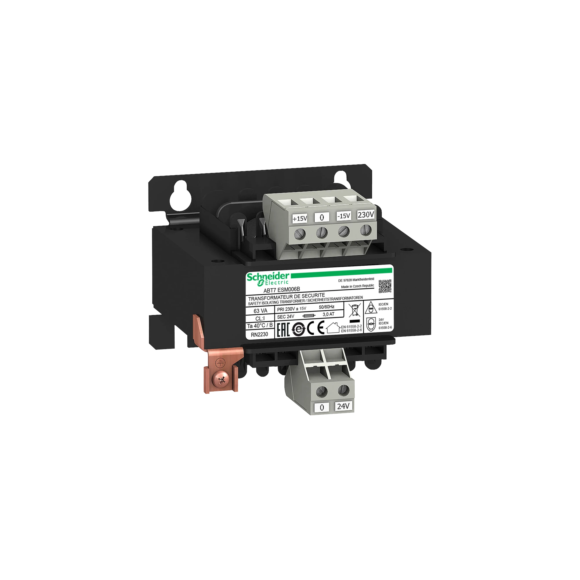 Schneider Electric ABT7ESM006B Safety Isolation Transformer, Modicon ABT7, Input 230V AC, Output 24V AC, 63VA (img_001)