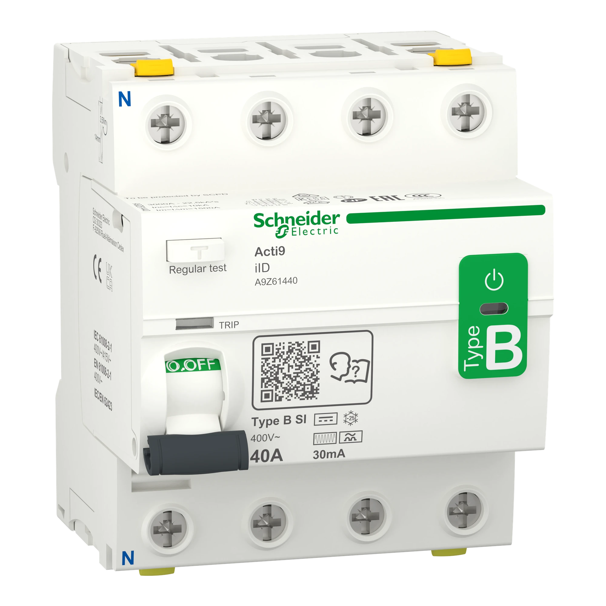 Schneider Electric A9Z61440 Residual Current Circuit Breaker (RCCB) All-current-sensitive Acti9-iID, 4-pole, 40A, 30mA, Type B-SI (img_001) Schneider Electric A9Z61440 Residual Current Circuit Breaker (RCCB) All-current-sensitive Acti9-iID, 4-pole, 40A, 30mA, Type B-SI (img_001)