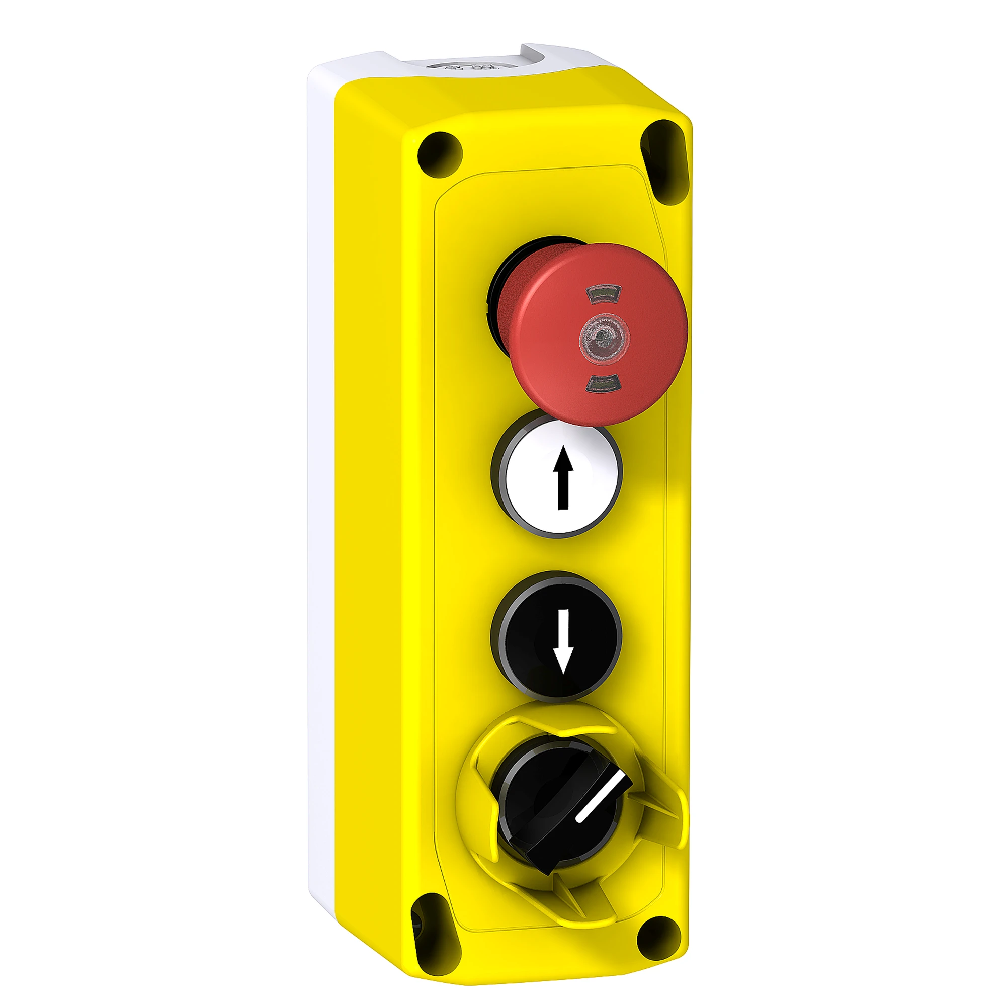 Schneider Electric XALFK4001 Surface-mounted enclosure, Harmony XALF, plastic, light grey, yellow, 1 emergency stop switch, 2 push buttons, 1 selector switch (img_001) Schneider Electric XALFK4001 Surface-mounted enclosure, Harmony XALF, plastic, light grey, yellow, 1 emergency stop switch, 2 push buttons, 1 selector switch (img_001)