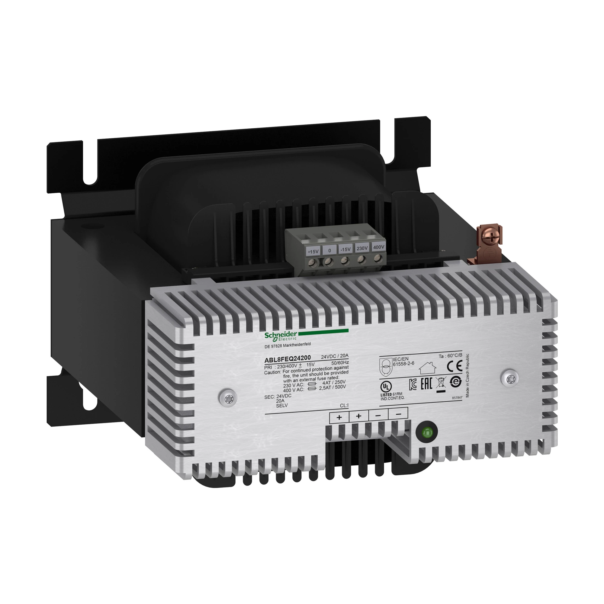 Schneider Electric ABL8FEQ24200 Power Supply, Modicon ABL8, rectified, filtered, 1-/2-phase, 230-400V AC, 24V DC, 20A, 480W (img_001)