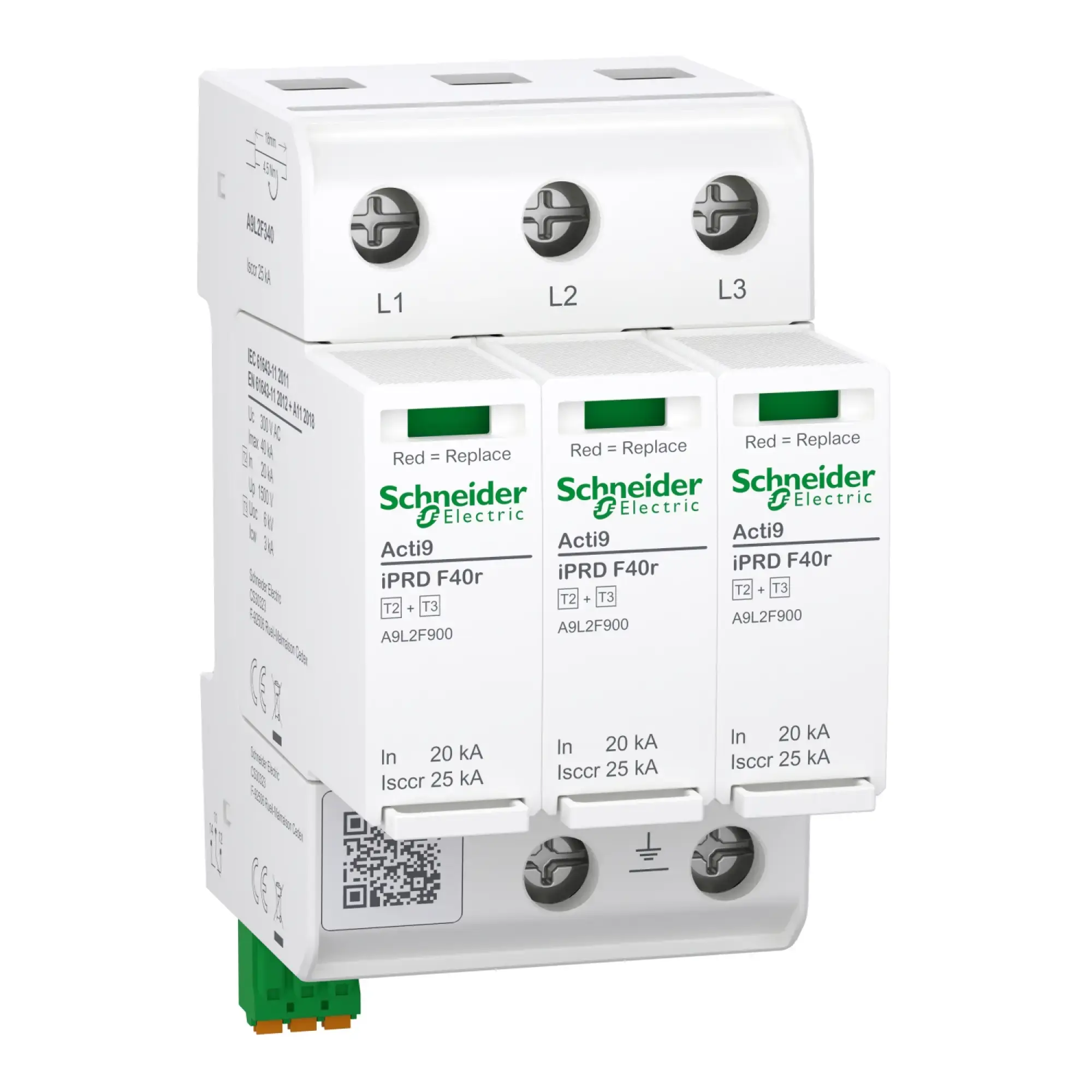 Schneider Electric A9L2F340 Surge Protection Device, Acti9 iPRD F40r, Type 2+3, Plug-in Protection Modules, 3P, Imax 40kA, Integrated Fuse, FM Contact (img_002)